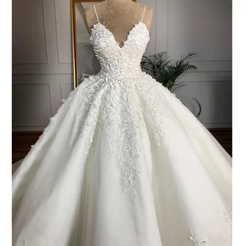 V-Kaklo Vestuvių Suknelė iki 2021 m. 3D Gėlių Seksualus Spageti Dirželis Kamuolys Vestuvinės Suknelės Nėriniai Plius Dydis