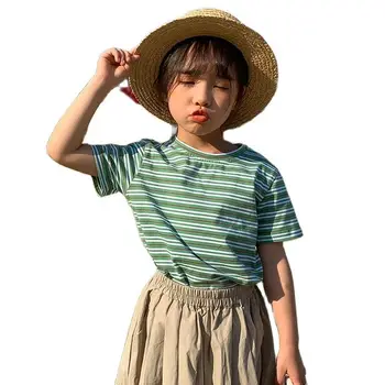 Vaikų vasaros drabužių 2021 merginos dryžuotas trumparankoviai marškinėliai vaikų berniukų viršūnes 4006 51