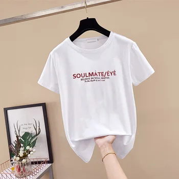 Vasaros 2021 Mados Laiškas išspausdintas trumpomis Rankovėmis T-Shirt moterims, Kvėpuojantis Patogus Prarasti Atsitiktinis baltos Apvalios Kaklo moterų topai