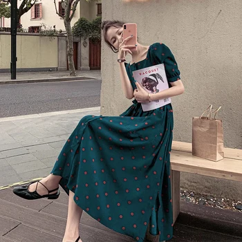 Vasaros Saldūs Dot Spausdinti Aikštėje Apykaklės Žalia Midi Suknelė Atsitiktinis Hepburn Prarasti Trumpomis Rankovėmis Suknelės Kišenėje Tvarstis Moterų Suknelės