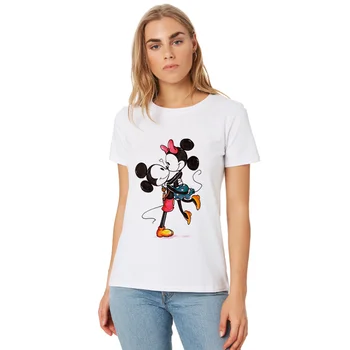 Vasarą J.＆PONIA Mickey Mouse Kiss Marškinėlius Viršūnes Atsitiktinis Moterų marškinėliai Ulzzang Streetwear Harajuku trumpomis Rankovėmis 