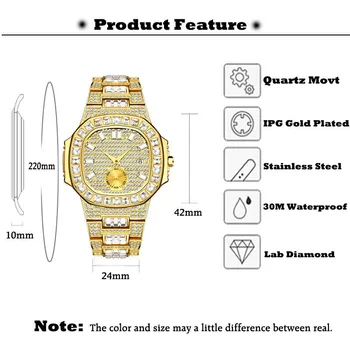 Visą Deimantų 18k Aukso laikrodis Vyrams Hip-Hop Lediniame Iš Vandeniui Kvarco Žiūrėti Nerūdijančio Plieno Mados Prabangus Laikrodis Montre Homme