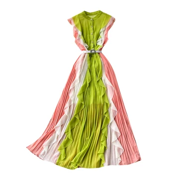 Šifono suknelė moterų vasaros suknelė 2021 naujo dizaino prasme spalvų atitikimo susiėmę plonas ilgas klostuotas atostogų sijonas