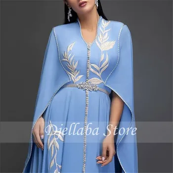 Šviesiai Žydros Spalvos Šifono Vakaro Suknelės Maroko Caftan Su Balta Siuvinėjimo Islamo Dubajus, Saudo Arabų Promenadzie Suknelė 2021